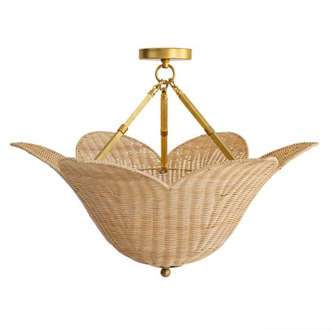 No flower can match the charm of our Victoria Semi-Flush fixture. The petal-shaped rattan will add a touch of whimsy to any look. Brass arms and ceiling cap finish the look. Available in 24" or 30" inch size. Three bulbs, 60-watt type B 24" dimensions: 24x24x17 30" dimensions: 30x30x17 Semi Flush Lantern, Rattan Semi Flush Mount Light, Nursery Ceiling Light, Wicker Accessories, Swatch Board, Designer Stockings, Beach House Lighting, Sea Spray, Living Room Bench