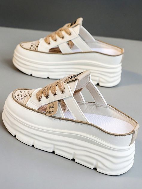 Mika Sporty Collar   Letter,Plain  Embellished   Women Shoes White Sneakers Women, Casual Sneakers Women, Platform Wedge Sandals, Women Sandals, Womens Sandals Flat, Casual Shoes Women, Fashion Flats, Shoes Fashion, Platform Wedges