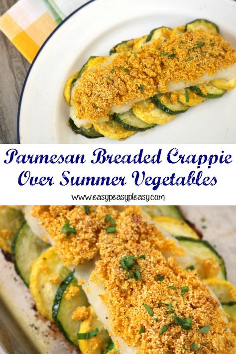 It's the catch of the day. See how Mississippi Crappie meets Arkansas in this flaky buttery Parmesan Breaded Crappie Over Summer Vegetables. Baked Crappie Recipes Oven, Crappie Fish Recipes, Crappie Recipes, Crappie Recipe, Wild Recipes, Sea Foods, Parmesan Bread, Peach Syrup, Summer Vegetables