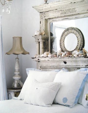 my beach house bedroom (one day) Mantle Headboard, Mantel Headboard, Head Boards, Beautiful Headboards, Decoration Shabby, Cottage Style Decor, Beach Bedroom, Viria, Dreamy Bedrooms