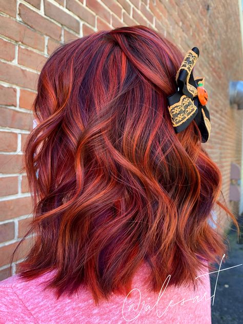 Call 2023 Hair, Hair Color Ideas For Brunettes Red Ombre, Fall Hair Colors Dimensional, Burgundy Hair With Orange Highlights, Purple And Orange Highlights Brown Hair, Red Copper Hair Color With Highlights, Red Hair With Vivid Highlights, Multi Color Fall Hair, Fall Hair Fashion Colors