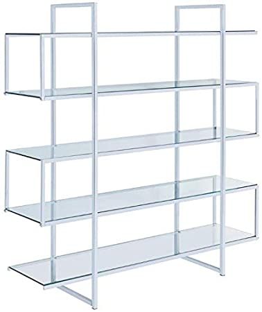 Amazon.com: BOWERY HILL 5 Shelf Contemporary Clear Glass Top Bookcase in Chrome : Home & Kitchen Cool Profile, Glass Bookcase, 4 Shelf Bookcase, 5 Shelf Bookcase, Office Bookcase, Modern Bookcase, Tempered Glass Shelves, Standing Shelves, Modern Shelving