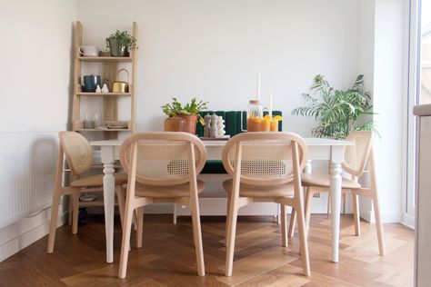 Dining section of the kitchen with an extendable ikea ingatorp table, john lewis beckett dining chairs and an ikea hack/ diy channel tufted bench Ikea Dining Room Table Hack, Ikea Ingatorp Table, Ingatorp Table Ikea, Ingatorp Table Hack, Ikea Dinning Table, Ikea Dinning Room Ideas, Ikea Dinning Room, Modern Dining Decor, Ikea Dining Room