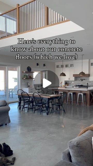 Cole & Morgan on Instagram: "Our concrete floors in our Barndominium get so many questions!!   There and many different ways to go about concrete floors with different stains, color, texture , polish etc. here is what we did to achieve the beautiful floors we have in our Barndo🏡🌾   Sooo would you put concrete floors in your home/Barndo!?   #barndominium #barndominiumhome #barndominiumliving #concretefloors #radiantheat #dreamhome #rustichome #shophouse #shouse #barndo #homeideas #countryhome #polishedconcrete" Concrete Floors In Barndominium, Stained Concrete Living Room, Kitchen Ideas Concrete Floor, Barndominium Kitchen Concrete Floors, Concrete Floor Kitchen Ideas, Waxed Concrete Floor, Barndominium Cement Floors, Kitchen Ideas With Concrete Floors, Cement Epoxy Floor