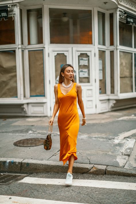 Yellow Slip Dress sneakers, Nike Epic React Sneakers, fashion sneakers // Notjessfashion.com Satin Dress With Sneakers, Retro Plaid Dress, Jessica Wang, Dress And Sneakers Outfit, Nike Sneakers Outfit, How To Wear Sneakers, Sneaker Outfits, Nike Dresses, Sneakers Fashion Outfits