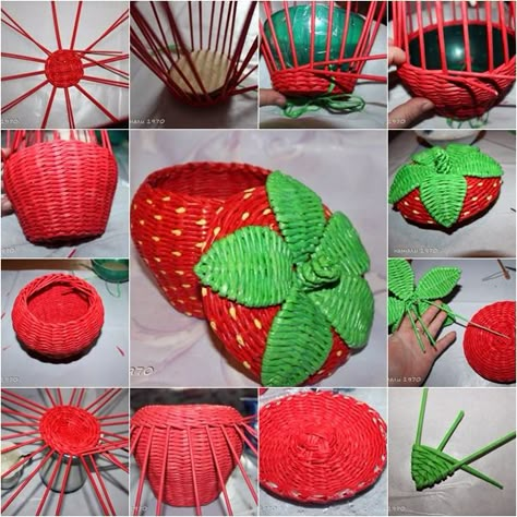 Woven paper craft is a nice way to recycle old newspaper and magazines. Sometimes it can be turned into some useful and beautiful household stuffs, such as storage boxes or baskets. Here is a fancy DIY project to weave beautiful storage basket in strawberry shape with tubes made from old … Strawberry Basket, Newspaper Crafts Diy, Diy Newspaper, Recycle Newspaper, Newspaper Basket, Magazine Crafts, Paper Weaving, Easter Basket Diy, Easter Eggs Diy