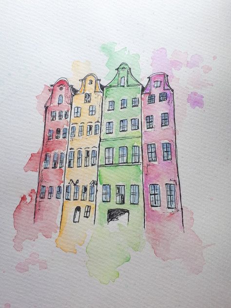 Watercolor Buildings Easy, Poland Drawing, Buildings Watercolor, Buildings Painting, Building Sketch, Gdansk Poland, Home Tattoo, House Drawing, Gdansk