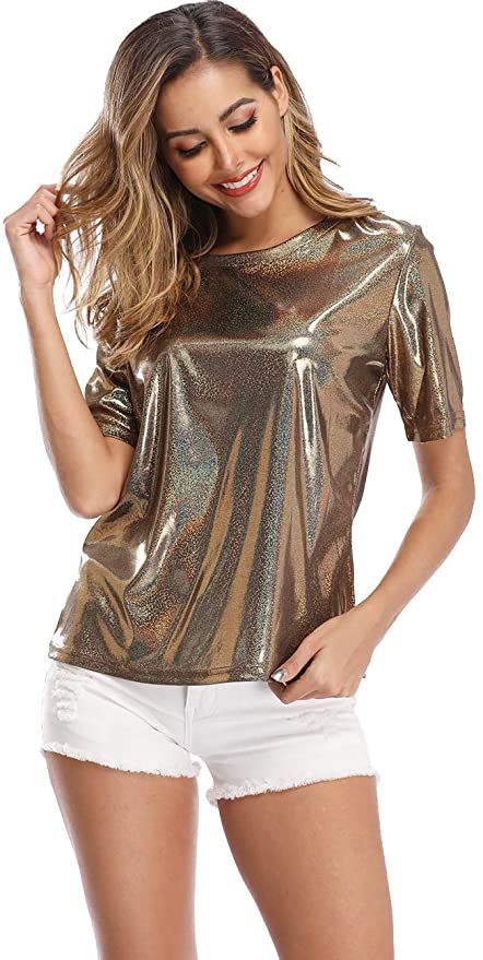 Shiny Tops for Women Holographic Shirt Sparkles Ultra Soft Glitter Metallic Blouse at Amazon Women’s Clothing store Holographic Shirt, Metallic Shirt, Glitter Blouse, Disco Costume, Sparkle Party, Metallic Shorts, Glitter Shirt, Metallic Blouses, Metallic Pants