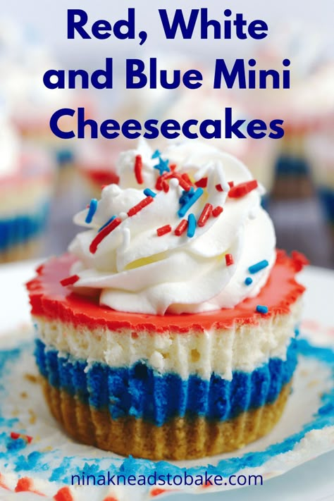 Looking for an easy 4th of July dessert? These fun red, white and blue mini cheesecakes are simple, creamy and perfect for a small crowd. Blue Recipes, 4th Of July Dessert, July Desserts, Patriotic Desserts, Seasonal Desserts, 4th Of July Desserts, Bake Recipes, How To Make Cheesecake, Cheesecake Cupcakes