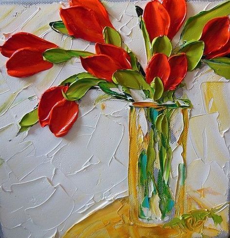 Learn All About Impasto Paintings - Bored Art Artsy Ideas, Palette Knife Art, Soyut Sanat Tabloları, Impasto Painting, Simple Acrylic Paintings, Red Tulips, Flower Art Painting, Arte Floral, Art Oil