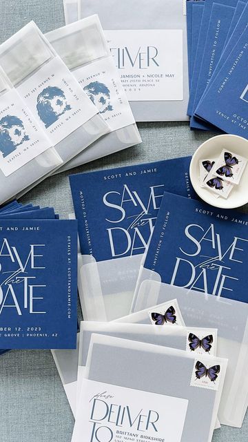 Robinson Creative House on Instagram: "Assemble Scott and Jamie’s Save the Dates with me! . . We did triple-plex sapphire blue square Save the Dates with white printing, vellum envelopes and white wrap around address labels featuring a sketch of their pup, Mia! . I love designing modern Save the Dates… but what I love more is designing them for two of my dear friends. Can’t wait to show you what we are dreaming up for their wedding suite! 💙🤍 #robinsoncreativehouse #wedding #modernwedding #pape Square Save The Date Cards, Square Save The Date, Wrap Around Address Labels, Save The Date Blue, Blue Save The Date, Vellum Envelope, Modern Save The Dates, Blue Invitation, Blue Envelopes