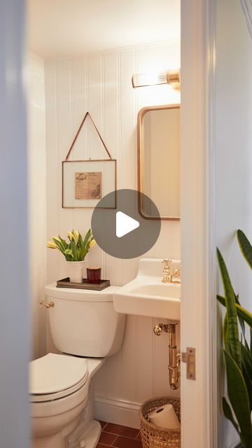 Patti Wagner | Home & Design on Instagram: "I’m amazed by how much the bead board paneling improved the aesthetic of our small 45” x 77” powder room in a timeless way. We encountered some unexpected issues during our DIY remodel but it was pure satisfaction when completed. 

If you’re thinking of remodeling a bathroom with imperfect walls, we shared some tips on what we learned on my blog (link in bio). 

Paint color: BM Atrium White
Music: Feel
Musician: LiQWYD

#powderroom #bathroomrenovation" Bead Board Walls Bathroom, Remodeling A Bathroom, Pure Satisfaction, Beadboard Bathroom, Bead Board Walls, Bead Board, Bathroom Ceiling, Diy Remodel, Bathroom Renovation