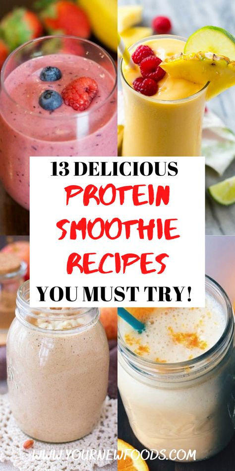 Delicious Recipes for protein smoothies. 13 must-try protein smoothies recipes, including spinach smoothie recipe, banana smoothie recipe & coffee in smoothies & many more. These Recipes for protein smoothies will show you how to make delicious protein smoothies. You will be able to enjoy protein smoothies that are packed full of flavor all year round. Which is your favorite? Leave a comment to let us know... Protein Powder Fruit Smoothie, Recipes For Muscle Gain, Vanilla Protein Powder Smoothie, Protein Powder Smoothie Recipes, Protein Powder Recipes Shakes, Tasty Smoothie Recipes, Protien Smoothies Recipes, Protein Fruit Smoothie, High Protein Smoothie Recipes