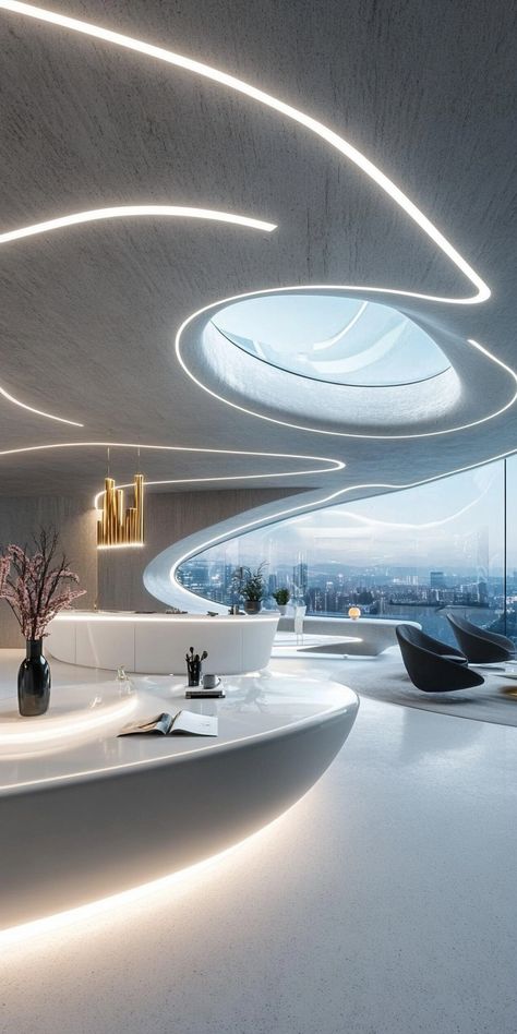 futuristic Lounge Futuristic Reception Area, Futuristic Lobby, Futuristic Reception, Sci Fi Office, Futuristic Lounge, Zaha Hadid Interior, Futuristic Elegance, Futuristic Interior Design, Episode Backgrounds