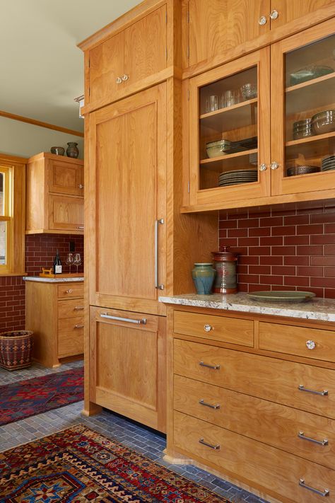 Enclosed Kitchen, Red Backsplash, School Kitchen, Slate Floor, Birch Cabinets, Recessed Panel Cabinets, Prairie School, Prairie House, Prairie Style Houses