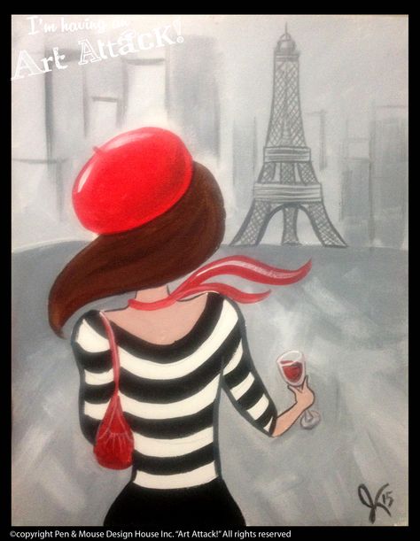 French girl "I'm having an Art Attack!" Social Painting Parties. www.artattackpaintparty.com original artwork by Julie Kukreja France Painting Easy, Social Painting, France Painting, Art Paint Party, People Paintings, Cute Easy Paintings, Board Paint, Painting Parties, Paint Parties