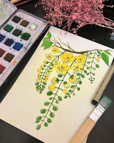 Priti Vats on Instagram: "Drop a 💛 if you love Amaltas blooms!  I have made this one for a friend. The tree reminds her of home.🏡  I can’t wait for the Amaltas trees to bloom in Delhi. The tree usually blooms with the golden showers in May & June. Swipe to read a beautiful Poem by Deepa Agarwal @dipuli to define its beauty! 💛  #yellowflowers #goldenshowers #trees #painting #dailyartchallenge #artforsale #ﬂowerillustration #amaltasblooms #goldenshowertree #poems #deepaagarwalauthor #treelover   Watercolor painting Amaltas tree art" Golden Showers Tree Painting, Amaltas Tree, Writing Paper Printable Stationery, Trees Painting, Writing Paper Printable, Tree Lover, Indian Prints, Paper Printable, Poems Beautiful