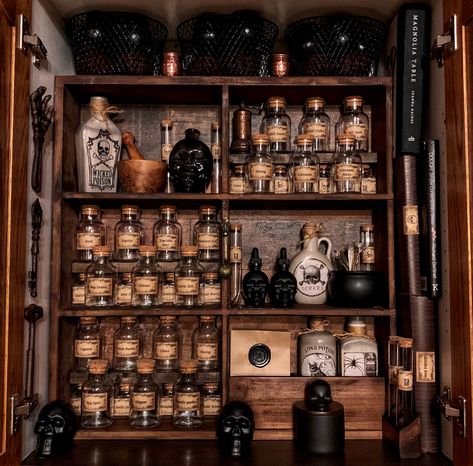 Vintage wood spooky Halloween decor rustic DIY Gothic Spice Rack, Gothic Apothecary Kitchen, Witchy Spice Rack, Apothecary Spice Rack, Witch Store Aesthetic, Living Room Witchy, Herbalism Aesthetic, Witchy Mansion, Bedroom Witchy