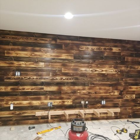 Burnt Pine Wood Wall, Burnt Shiplap Wall, Fence Picket Shiplap Wall, Burnt Wood Accent Wall, Shiplap Stained Wall, Man Cave Accent Wall Ideas, Horizontal Wood Accent Wall, Stained Shiplap Wall, Wood Accent Wall Diy