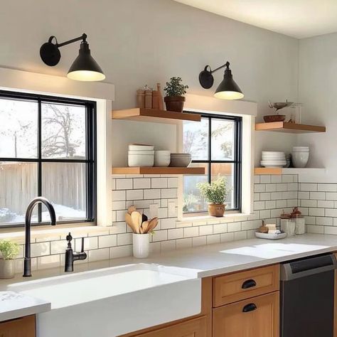 Sconces Above Open Shelving Kitchen, Warm Ambient Lighting, Open Kitchen Shelves, Small Kitchen Decor, Styling Guide, Reading Nooks, Cozy Atmosphere, Modern Farmhouse Decor, Lighting Inspiration