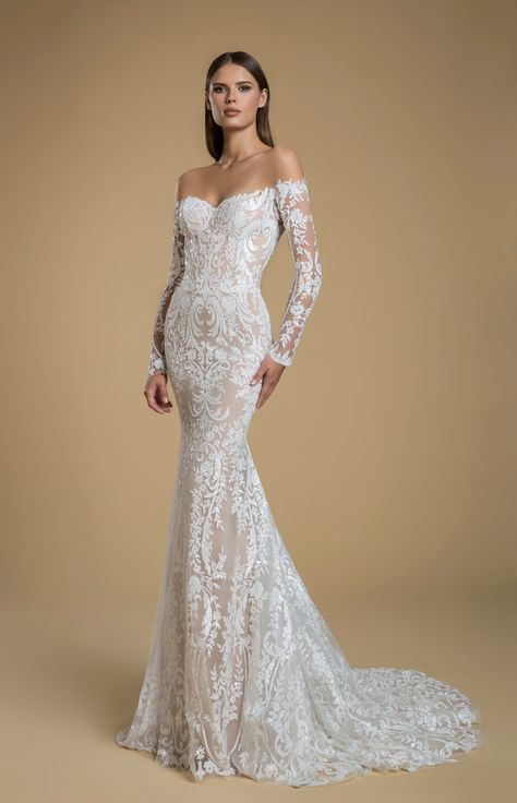 Love by Pnina Tornai Style #14862OFF THE SHOULDER LONG SLEEVE SEQUIN SHEATH WEDDING DRESS Shoulder Aesthetic, Kleinfeld Dresses, Sequin Lace Wedding Dress, Pnina Tornai Wedding Dress, Wedding Dresses Kleinfeld, Off Shoulder Wedding Dress, Long Sleeve Wedding Dress, Wedding Dress Sequin, Sheath Wedding