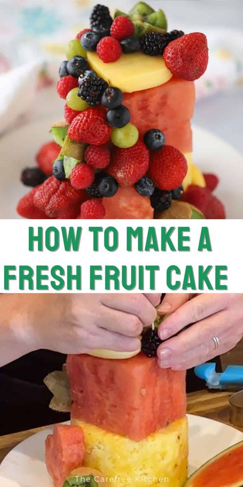 This Fresh Fruit Cake recipe is the perfect colorful centerpiece for just about any occasion. Made entirely out of fresh fruit, this refreshing, festive, raw cake is perfect for fruit lovers, vegans, and those with gluten free or other restrictive diets. #thecarefreekitchen #fruit #dessert #healthy #freshfruit #cake #vegan #watermeloncake Healthy Cake With Fruit, All Fruit Birthday Cake, Cakes Made Of Fruit Birthday, Cake With Fresh Fruit On Top, Fruit Only Cake, Healthy Cake Alternatives, Raw Fruit Cake, Fruit Made To Look Like A Cake, Cakes Made With Fruit