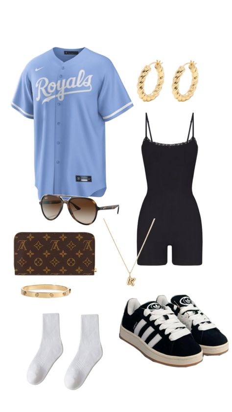 Cute baseball game outfit Kansas City royals blue jersey adidas campus 00’s skims body suit collage day outfit Cute Baseball Outfits, Baseball Gf, Baseball Outfits, Baseball Game Outfit, Game Outfit, Baseball Outfit, Baseball Game, Baseball Games, Gaming Clothes