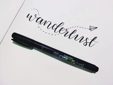 "Wanderlust" - Calligraphy with Tombow Fudenosuke Brush Pen #tombow #calligraphy Tombow Fudenosuke Lettering, Maps Tattoo, Tombow Calligraphy, Wanderlust Tattoos, Pen Quotes, Wanderlust Tattoo, Tombow Brush Pen, Tombow Fudenosuke, Map Tattoos