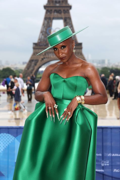 Cynthia Erivo in lucky green. Green dress and hat Essence Festival, 2024 Olympics, Olympics Opening Ceremony, Cynthia Erivo, Paris Olympics, Women Magazines, Celine Dion, Opening Ceremony, Red Carpet Fashion