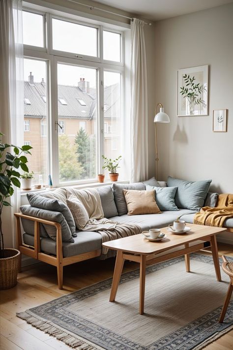 This living room embodies cozy hygge vibes, featuring soft neutral tones, plush textiles, and natural light that filters through sheer curtains. The design prioritizes warmth and comfort while remaining uncluttered. Hygge Interior Design Living Room, Nordic Minimalist Living Room, Nordic Living Room Scandinavian Interiors, Cozy Hygge Living Room, Seoul Apartment, Hygge Vibes, Hygge Living Room, Hygge Interior, Scandinavian Hygge