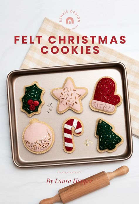 Felt Christmas Cookies Tutorial – Benzie Design Felt Christmas Cookies, Color Frosting, Felt Food Diy, Felt Food Patterns, Plain Cookies, Cookie Tin, Felt Play Food, Cookie Tutorials, Food Patterns