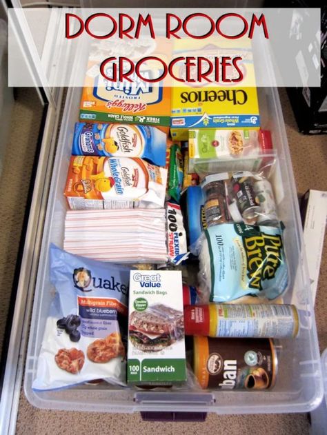 Dorm Room Groceries College Dorm Room Organization, College Dorm Organization, Dorms Decor, Dorm Food, Grocery Essentials, Dorm Sweet Dorm, College Living, Dorm Organization, College Survival