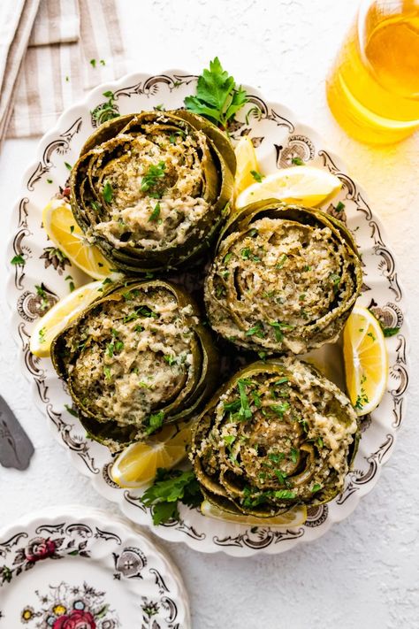 Italian Stuffed Artichokes Recipe (Sicilian Style) - CucinaByElena Italian Stuffed Artichokes, Sausage Dip Recipe, Stuffed Artichokes, Sausage Dip, Chicken Pot Pie Casserole, Sicilian Style, Stuffing Ingredients, Pecorino Romano Cheese, Pecorino Romano