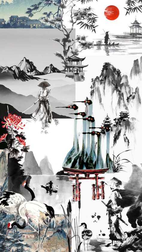 Japan Collage Aesthetic, Samurai Aesthetic Wallpaper, Wl Wallpaper, Feudal Japan Aesthetic, Chinese Moodboard, Crane Aesthetic, Textile Design Portfolio, Japan Moodboard, Architecture Symbols