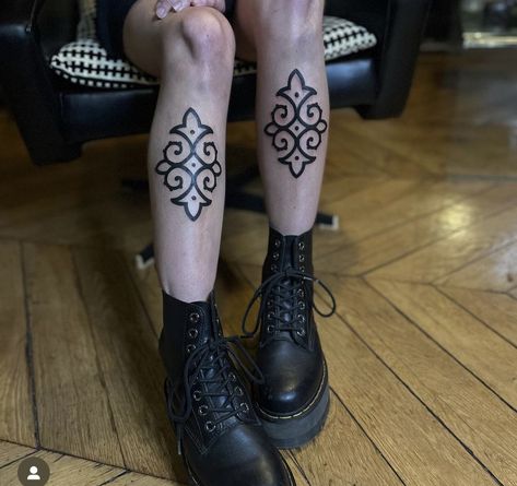 Double Shin Tattoo, Thick Ornamental Tattoo, Ornamental Tattoo Placement, Symmetrical Leg Tattoos, Ornamental Shin Tattoo, Ornamental Leg Tattoo, Shin Tattoos, Tatuaje Cover Up, Shin Tattoo