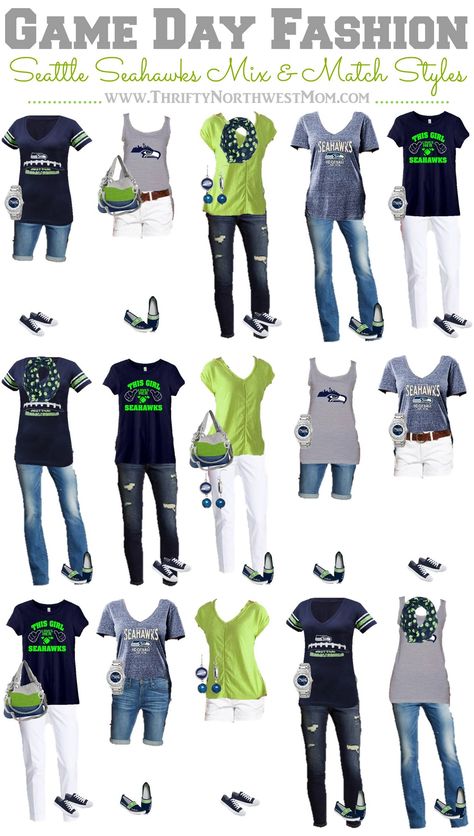 Have you been counting down the days until the Seattle Seahawks are back this next month for a new season?!  We love the Hawks around here, so we wanted to come up with some ideas for all you gals who want to show off your 12th man spirit! We’ve put together 15 different mix & … Football Woman, Seahawks Game Day, Game Day Fashion, Seahawks Outfits, Trendy Baby Girl Clothes, Seattle Seahawks Football, Match Outfits, Mix Match Outfits, Seahawks Fans