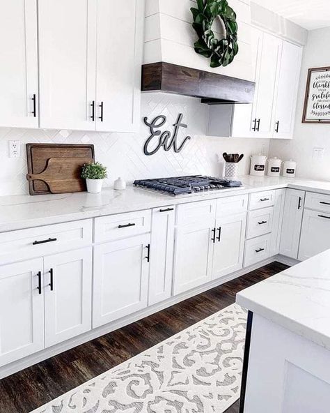 White Cabinets Kitchen Black Hardware, White Kitchen Cabinets White Countertops, Kitchen White Cabinets White Countertops, White Kitchen Cabinets Countertop Ideas, White Cabinets White Walls, White Kitchen Black Handles, Townhome Aesthetic, White Kitchen Cabinets Black Hardware, Whit Kitchen