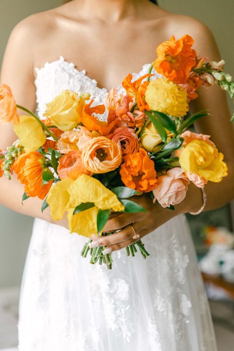 Gorgeous, bold and vibrant wedding flowers are create a stunning showcase. Let your wedding flowers be the colorful accent on your wedding day. Yellow Orange Wedding Bouquet, Yellow And Orange Bouquet, Yellow And Orange Wedding, Vibrant Wedding Flowers, Yellow Bridal Bouquet, Yellow Floral Wedding, Flower References, Orange Bouquets, Tulip Wedding