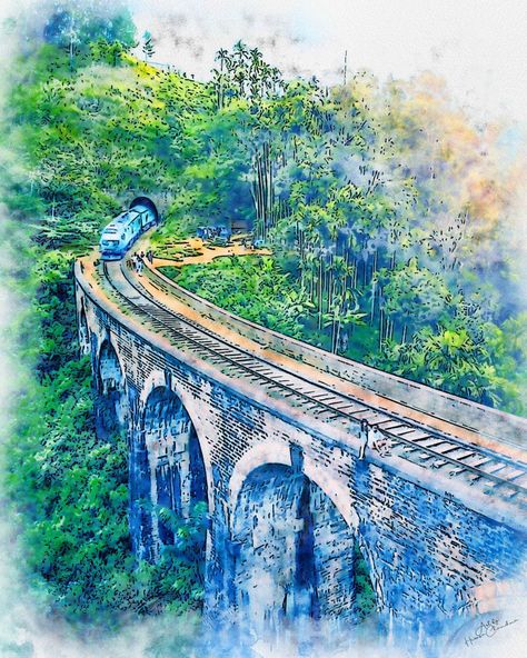 old awesome bridge Sri Lanka Painting, Sri Lankan Art Painting, Sri Lankan Paintings, Sri Lankan Art, Sri Lanka Art, Bridge Watercolor, Anime House, Poster Idea, Creative Landscape