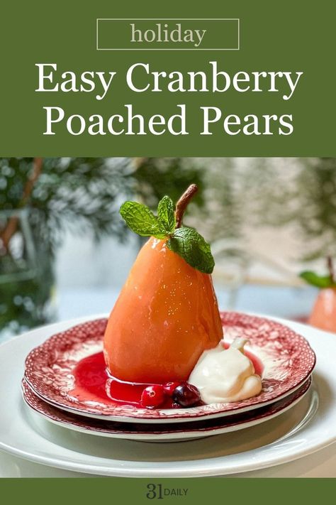 These Cranberry Poached Pears are a delicious and festive holiday dessert. And so simple to make, you'll find them a perfect addition to your seasonal feasts and gatherings. Poached in cranberry juice, they're sweet and fragrant with orange, cinnamon, and cloves. Orange And Cloves, Easy Holiday Dessert, Festive Holiday Desserts, Winter Baking, Easy Holiday Desserts, Easy Sweets, Cranberry Cocktail, Christmas Food Gifts, Poached Pears