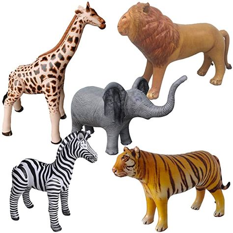 Amazon.com: Airniture Jet Creations Safari Inflatable Plush Stuffed Animal 5 Pack Giraffe Zebra Elephant Lion Tiger for Pool, Party Decoration, Size up to 40 inch, AIR-GZELT5, 36, Multi: Toys & Games Carnival Decorations, Safari Theme Party, Wild One Birthday Party, Lion Tiger, Safari Theme, Safari Baby, Safari Baby Shower, Pool Toys, Animal Figures