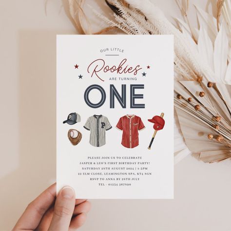 Rookie 1st Birthday Twins - One Invitation First Birthday Twin Boys, First Birthday Themes Twins, Twin Boy First Birthday Ideas, Twin Boys First Birthday Party Ideas, Twins 1st Birthday Ideas, Twins First Birthday Party Ideas, Twin First Birthday Ideas, 1st Birthday Twins, Baseball 1st Birthday Party