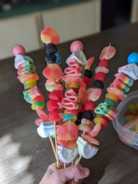 Gummy Skewers, Candy Cabobs, Just Because Gifts For Him, Haribo Berries, Candy Skewers, Sour Straws, Sour Patch Watermelon, Gummy Candy Kabobs, Birthday Sleepover Ideas