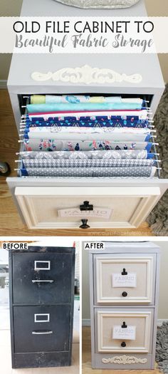 Looking for a way to store all those pieces of fabric you've been collecting? Well it ends up a 2 drawer file cabinet might be the answer to your problems! File Cabinet Makeover, Drawer File Cabinet, Sewing Room Storage, 2 Drawer File Cabinet, Sewing Room Design, Sewing Storage, Dream Craft Room, Craft Room Design, Sewing Room Organization