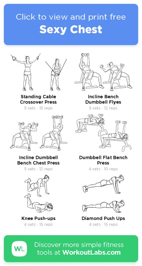 Sexy Chest – click to view and print this illustrated exercise plan created with #WorkoutLabsFit Chest And Leg Workout, Chest Workout Dumbell Women, Chest Dumbbell Workout Women, Womens Chest Workout, Chest Workout Women Gym, Chest And Bicep Workout, Cardio Workouts At The Gym, Chest Exercises For Women, Workouts Programs