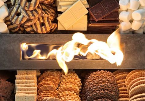 Indoor Smores Board Indoor Smores Bar, Smores Board, Indoor Smores, Hawaiian Buns, Fudge Stripe Cookies, Brownie Brittle, Smores Bar, Marshmallow Sticks, Reese's Chocolate