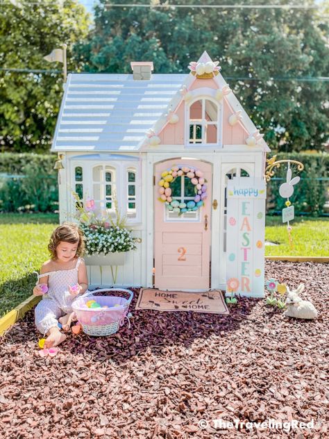 Cottagecore Inspiration, Playhouse Decor, Custom Playhouse, Playhouse Makeover, Pink Dollhouse, Girls Playhouse, Custom Backyard, Yellow School Bus, Diy Playhouse