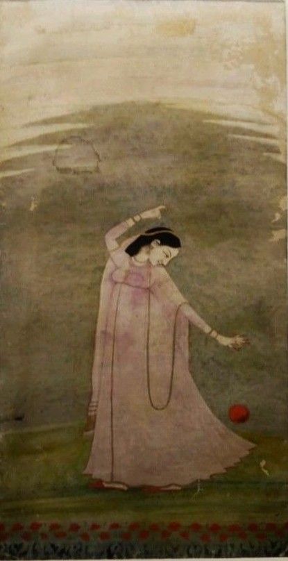 Lady with a red Ball, Guler School of Art, 1750-1760, Lahore Museum Persian Miniatures, Magic Inspiration, Indian Traditional Paintings, Indian Miniature, Indian Mythology, Persian Miniature, Colorful Oil Painting, Miniature Paintings, Eastern Art