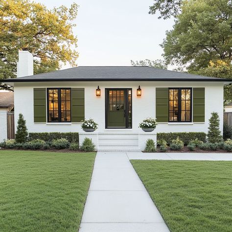 Painted Brick Bottom Of House Exterior, Single Story Home Exterior Paint, French Ranch House Exterior, Straight Ranch House Curb Appeal, Dark Gray Shutters White House, Ranch Style Curb Appeal, White House Exterior Ranch, Sage Shutters White House, White House Sage Green Trim