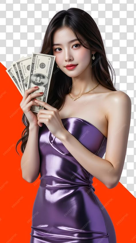 A woman in a purple dress with a dollar bill | Premium AI-generated PSD Casino Character, Casino Girl, Casino Dress, Purple Theme, Purple Themes, Purple Girls, Free Business Card Mockup, Vector Background Pattern, Buddha Image